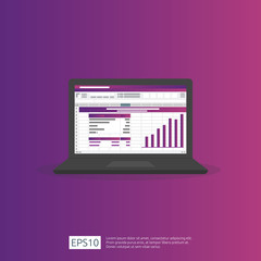 SEO data analytic, spreadsheet on screen. business finance analysis audit with graphs charts. Return on investment ROI concept. increase profit stretching rising up. office things vector illustration.