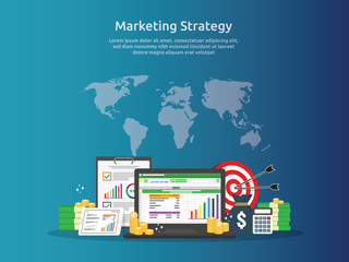 marketing strategy spreadsheet on screen. business finance analysis audit with graphs charts. Return on investment ROI concept. increase profit stretching rising up. banner template illustration.