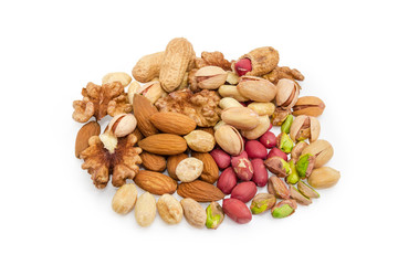 Pile of the various nuts on a white background