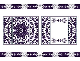Flyer for laser cutting mandala. Vector paper card with purple, crimson lace pattern. Wedding invitations, cards and business card templates. Decorative laser cut cards for design