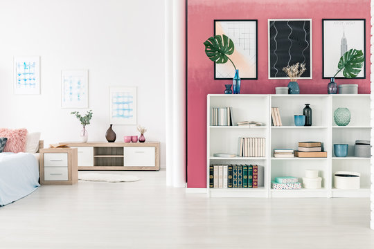 Burgundy wall with gallery of posters and white bookshelf in contemporary bedroom interior