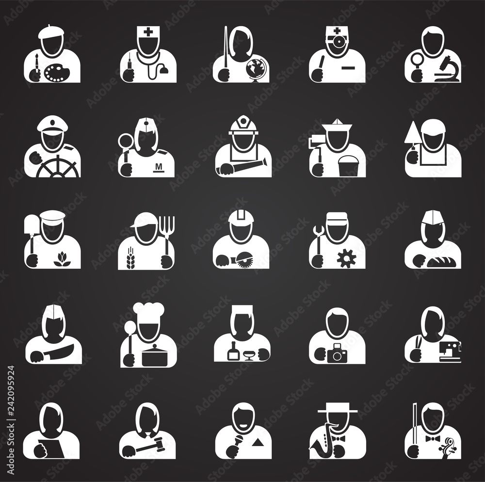 Poster occupations icon set on black background for graphic and web design, modern simple vector sign. inte