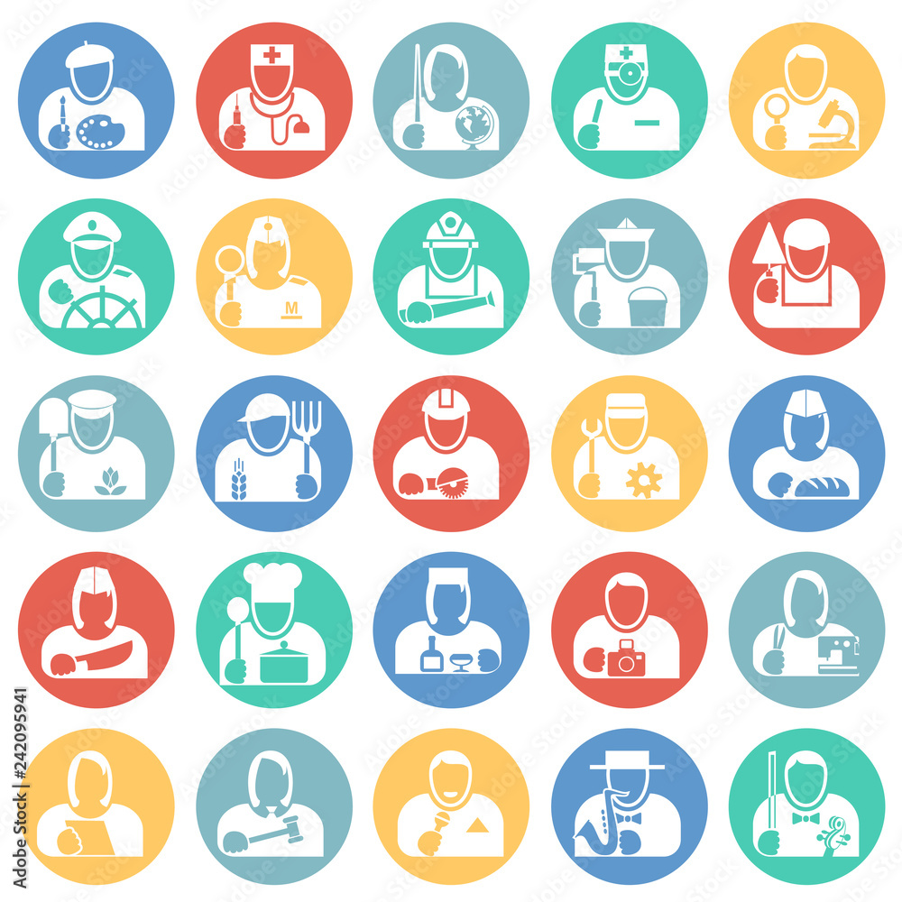 Poster occupations icon set on color circles background for graphic and web design, modern simple vector si