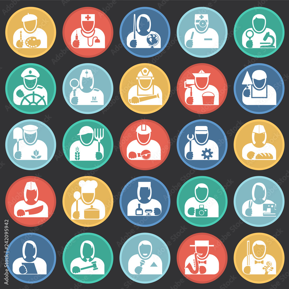 Poster occupations icon set on color circles black background for graphic and web design, modern simple vec