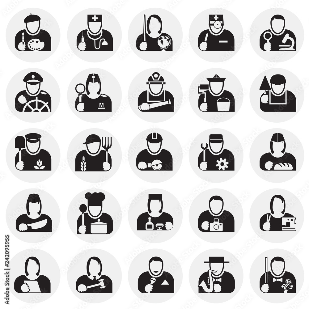 Poster occupations icon set on circles background for graphic and web design, modern simple vector sign. in