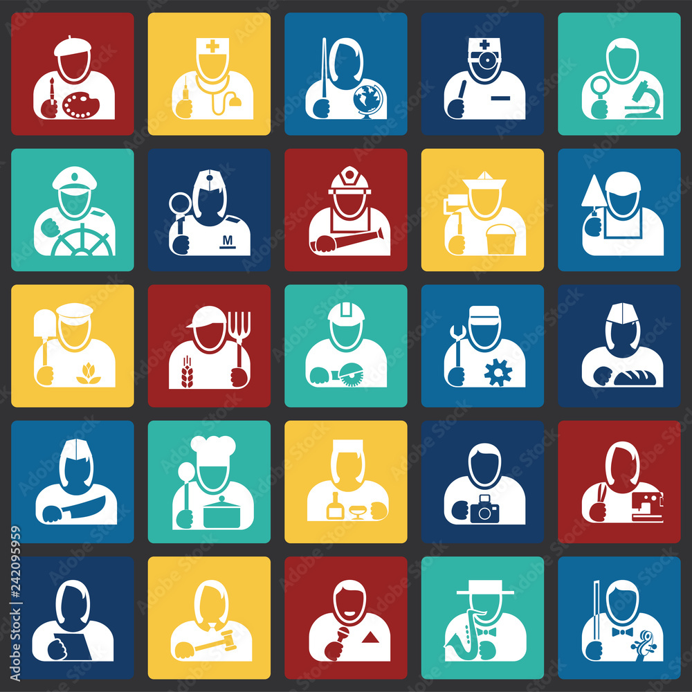 Poster occupations icon set on color squares background for graphic and web design, modern simple vector si