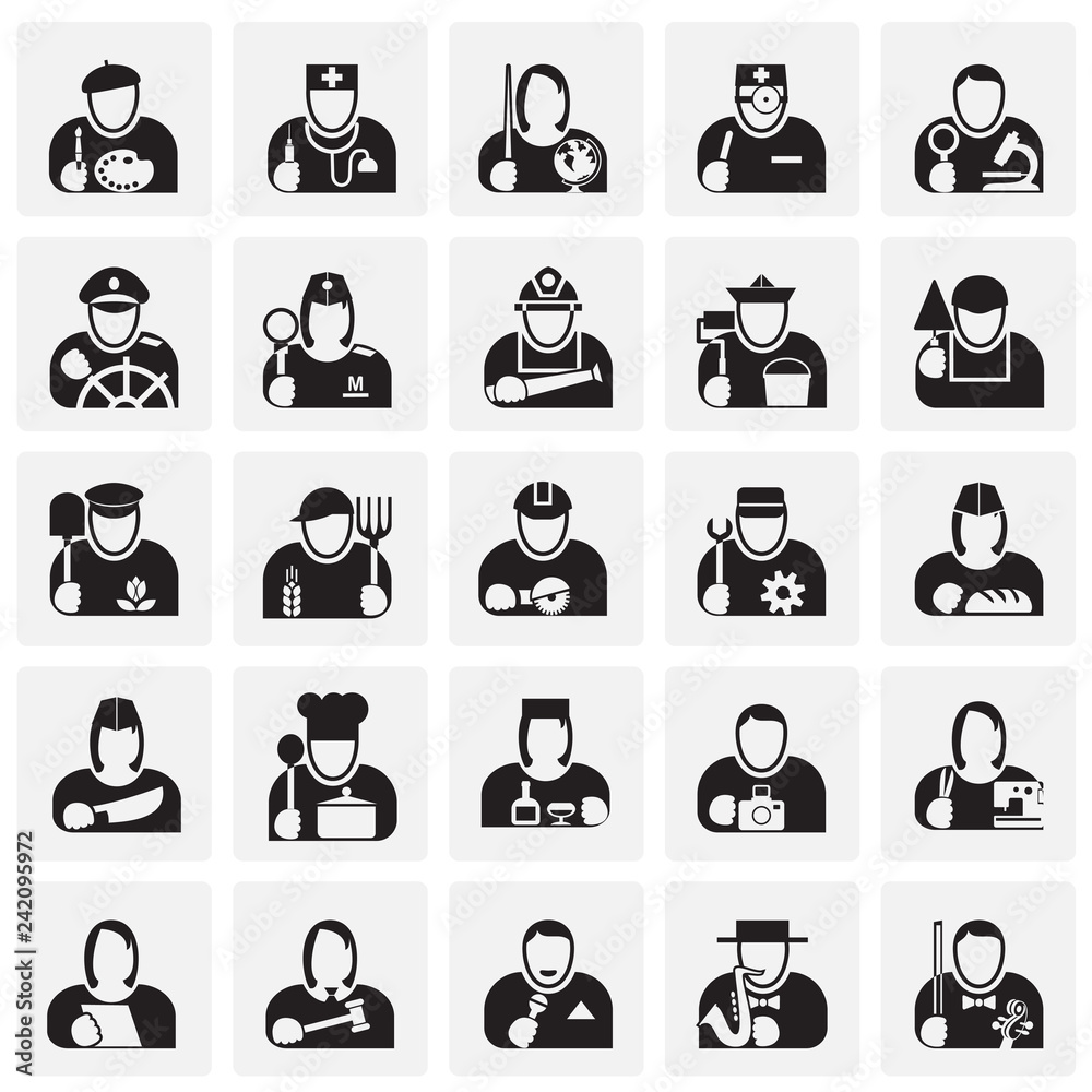 Poster occupations icon set on squares background for graphic and web design, modern simple vector sign. in