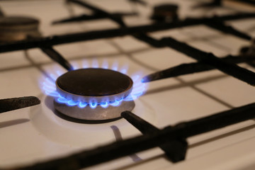 Domestic kitchen stove with blue flames. Burning gas cooker, open fire