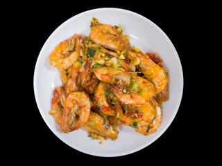deep fried stir shrimp with chili and garlic on white dish