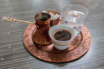 Traditional black coffee and old dishes from Balkan
