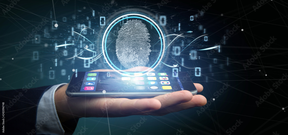 Poster businessman holding a digital fingerprint identification and binary code 3d rendering