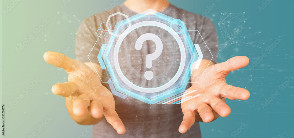 Poster man holding a technology question mark icon on a circle 3d rendering