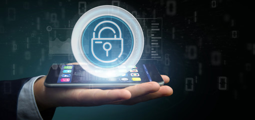 Businessman holding Security padlock wheel icon with stats and binary code 3d rendering