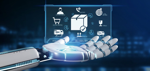 Cyborg hand holding a  Logistic delivery application screen 3d rendering
