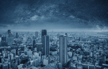 Futuristic modern cityscape at night. Smart city and technology