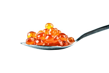 Red caviar in the silver spoon. Isolated object on white background. Close up.
