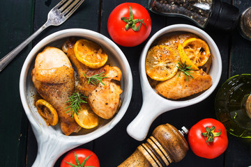 roasted chicken legs with vegetables and herbs
