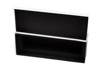 Cardboard black box with cover on white background top view