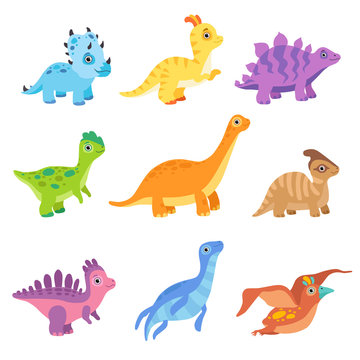 Collection of cute colorful dinosaurs, funny baby dino cartoon characters vector Illustration