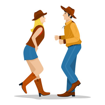 Flat Design, Cowboy And Cowgirl Dancing Country Western Dance, Vector Illustration