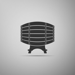 Wooden barrel on rack icon isolated on grey background. Flat design. Vector Illustration
