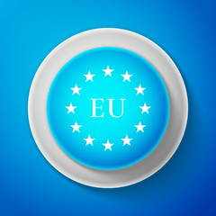 White Flag of European Union icon isolated on blue background. EU circle symbol. Waving EU flag. Circle blue button with white line. Vector illustration