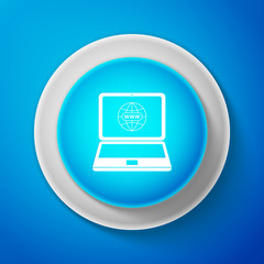 White Website on laptop screen icon isolated on blue background. Globe on screen of laptop symbol. World wide web symbol. Internet symbol for your web site design, logo. Vector illustration