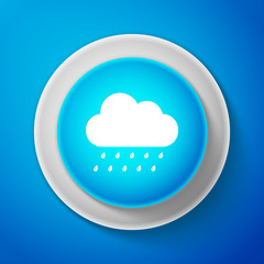 White Cloud with rain icon isolated on blue background. Rain (nimbus) cloud precipitation with rain drops. Circle blue button with white line. Vector illustration