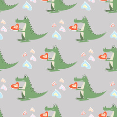 Fototapeta premium funny cartoon crocodile with a heart seamless pattern