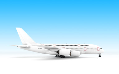 3D illustration of airplane Airbus A380 stands still isolated on blue background. Right side view