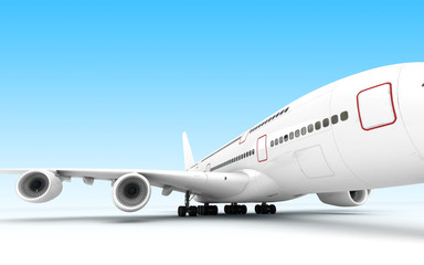 3D illustration. Front view of the left side of airplane Airbus A380 stands still isolated on blue background. Perspective