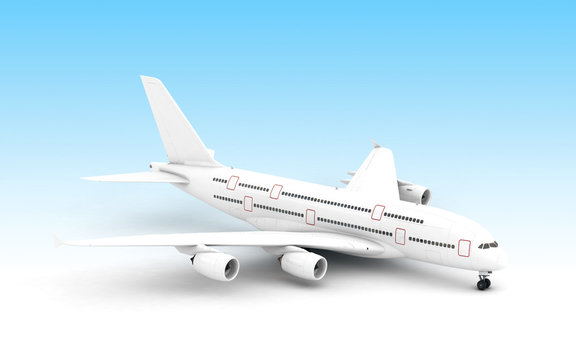 White airplane Airbus A380 stands still isolated on blue background. High angle view. 3D illustration.