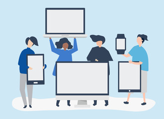 Character illustration of people with different digital devices