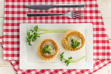 Freshly baked vol-au-vents with mushroom filling