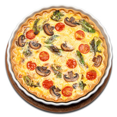 Baked homemade quiche pie in ceramic baking form