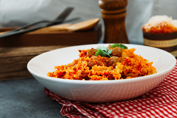 tasty penne with Meat ball and tomato sauce