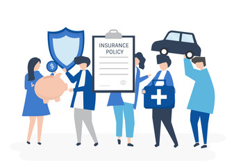 Characters of people holding insurance icons illustration