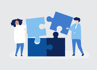 Character of a couple solving puzzle pieces illustration