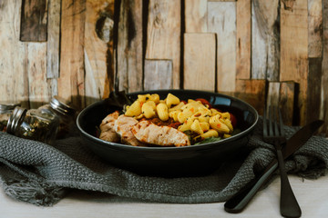 pasta and chicken on the table