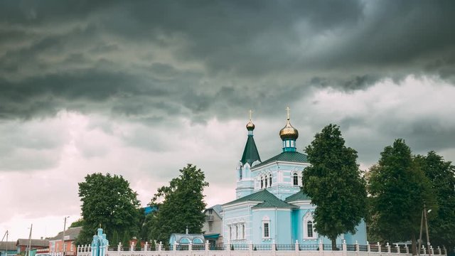 Belarus. St. John The Korma Convent Church In Korma Village, Dobrush District, Belarus. Famous Orthodox Church Against Background Of An Approaching Storm