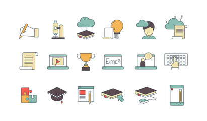 Education online symbols. Special learning courses school university with distance work online tutorials vector thin line colored icons. Illustration of education school and university online