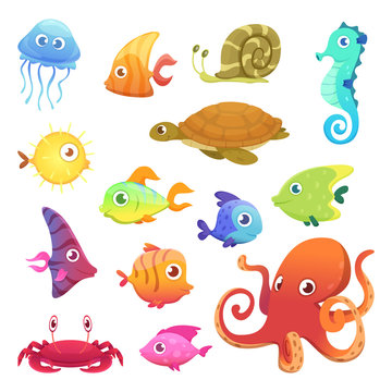 Underwater animals. Ocean sea animals fish octopus turtle seahorse vector characters. Sea marine fish and octopus, wild fauna illustration