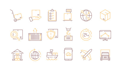 Logistics icon collection. Container survey delivery service export and import transportation vector colored thin symbols. Shipping cargo service, lorry and ship illustration