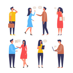 Dialogue people. Communication characters web chat discuss businessman active discussion vector flat pictures. Illustration of conversation group people