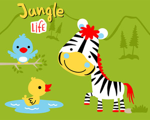 Obraz na płótnie Canvas Nice zebra cartoon with little friends