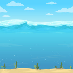 Fototapeta na wymiar Water waves background. Seamless liquid pattern sea ocean river cartoon surface for 2d vector game. Surface water ocean, sea underwater space illustration