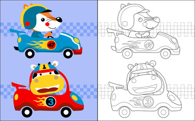 Illustration vectorielle de livre de coloriage avec dessin animé de course automobile avec coureur drôle