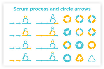 Scrum info graphic diagram element vector set illustration. Agile diagram, recycle symbol and circle chart element collection. Group of blue and orange symbols for scrum methodology info graphic