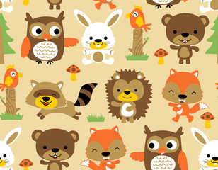 seamless pattern vector with woods animals cartoon. bear, owl, fox, rabbit, raccoon, bird, hedgehog.