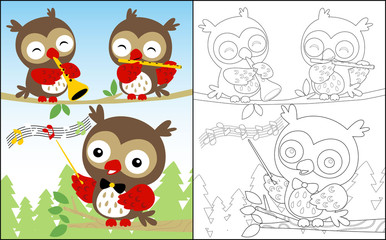 coloring book or page with a cute bunch of owls cartoon playing music